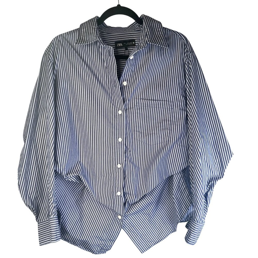 2/$30 ZARA Small Navy & White Striped Button-Up